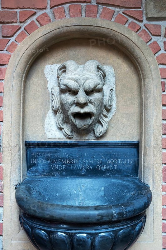 Fountain figure in the courtyard of Collegium Maius, Krakow, Poland