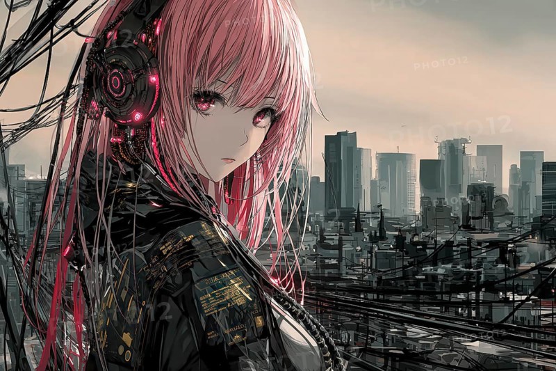 Cyberpunk anime girl with pink hair, glowing eyes and headphones in front of a city skyline, AI generated
