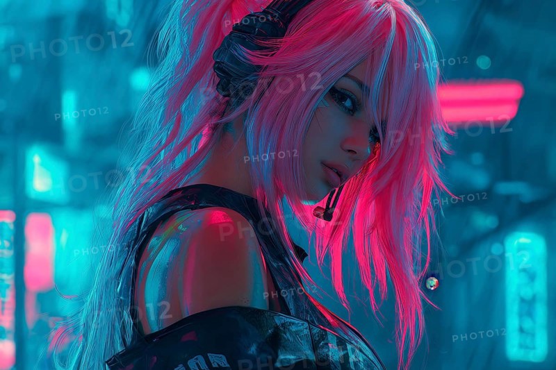 Cyberpunk anime girl with pink hair and headphones in a neon light environment, AI generated