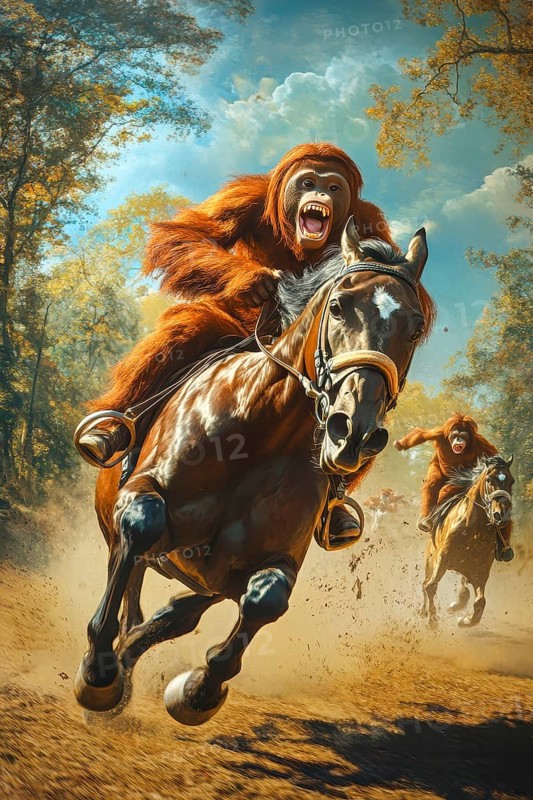 Orangutans participating in horse racing, AI generated