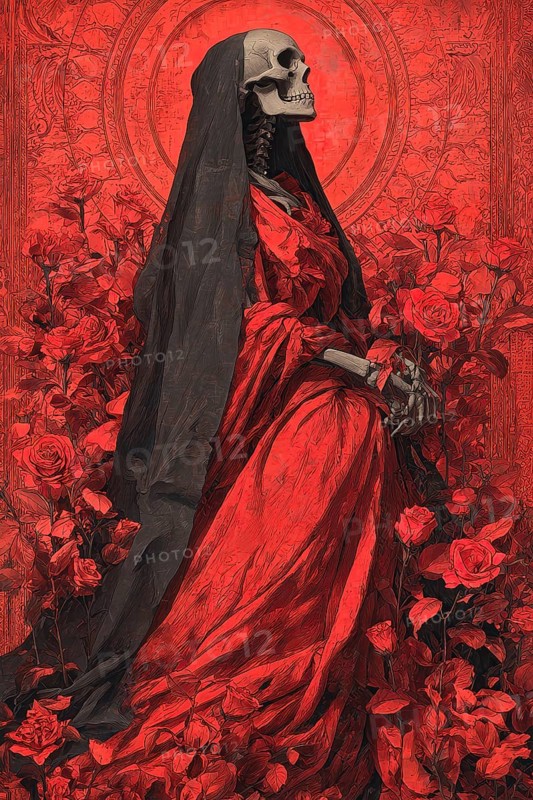 Frightened representation of the allegory of death symbolized by a dressed skeleton, AI generated
