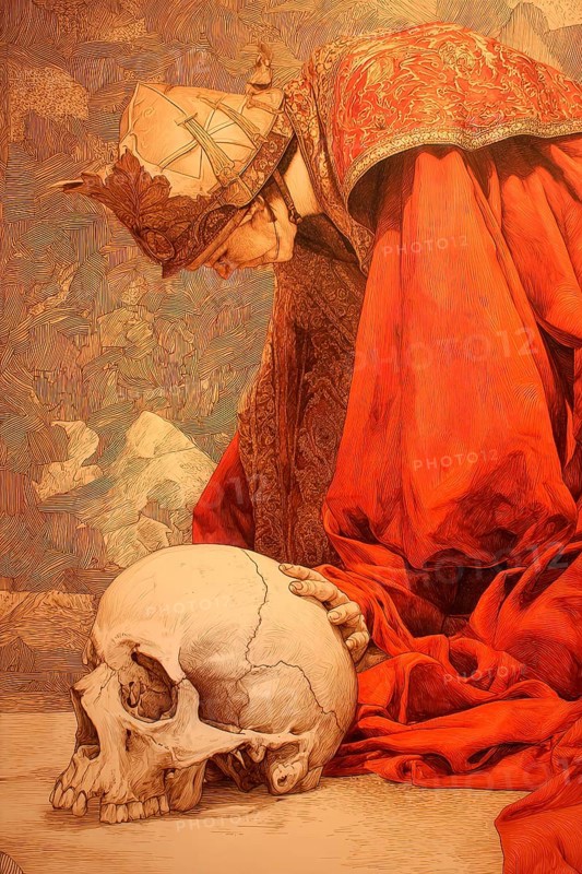 Medieval representation of the allegory of Death symbolized by man and skulls, AI generated