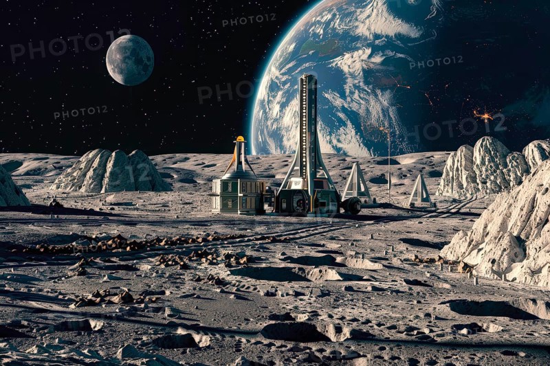 Lunar base with the Earth behind, AI generated