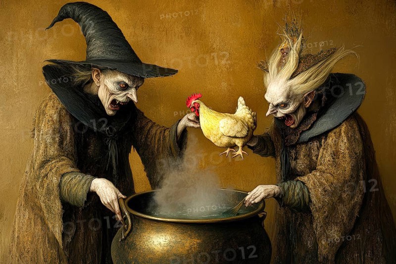 Two horrible witches preparing a chicken to be boiled in a cauldron, AI generated
