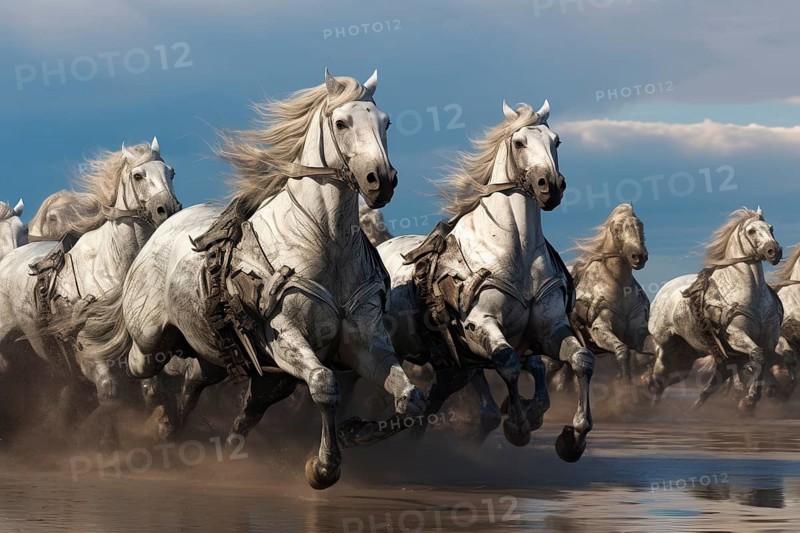 Harnessed white horses running wild in water, AI generated