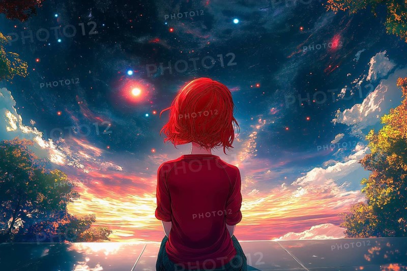 Anime girl with red hair captivated by the vision of a universe full of planets and stars, AI generated