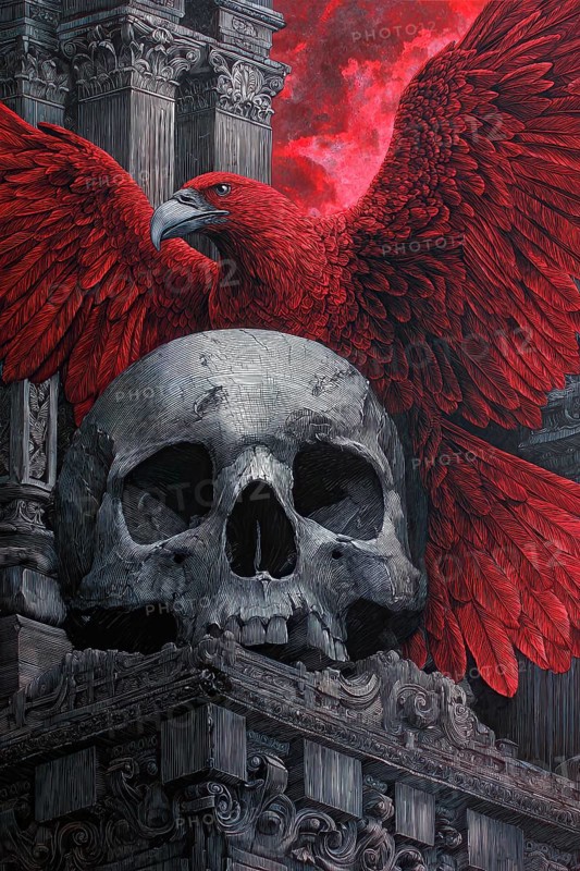 Allegory of Death symbolized by red raven on a skull, AI generated