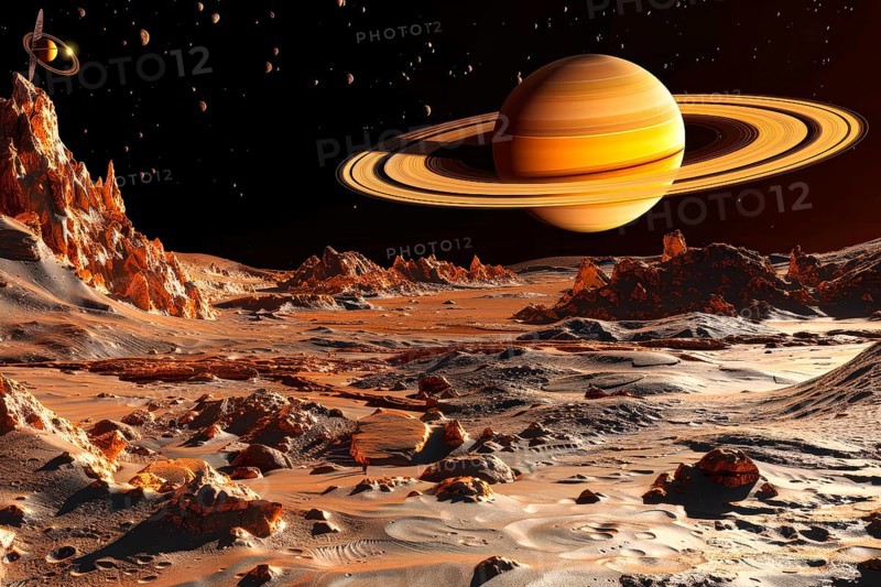 View on Saturn from a distant planet, AI generated