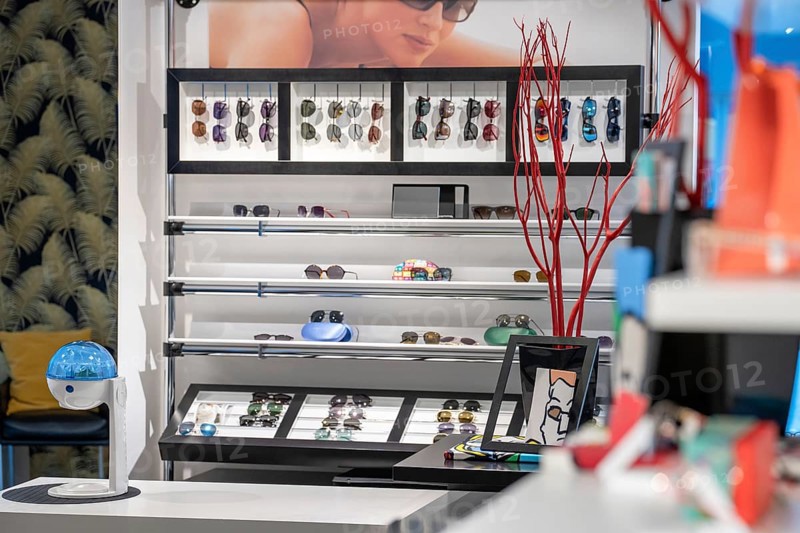Modern optician shop with sunglasses and decorative elements, optician, Pforzheim