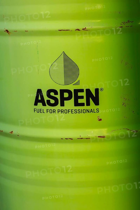 Close-up of Aspen 52.8 gallon gas fuel drum for professionals for filling up small 2 stroke engine equipment for public garden maintenance, Quebec, Canada