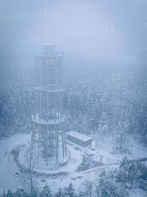 A foggy, snow-covered treetop trail rises in the winter landscape, Himmelsglück observation tower with Flying Fox, Schömberg, Black Forest, Germany