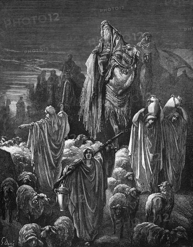 First book of Moses, chapter 46, verse 1, Jacob moves to Egypt with everything that belongs to him, Bible, Old Testament, Genesis, history of creation, law books, travel, horsemen, decorated camels, flock of sheep, shepherd, farues with water jugs, historical illustration based on Gustave Doré around 1880