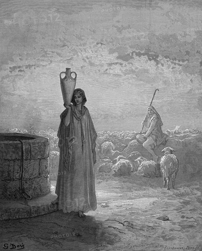 First book of Moses, chapter 29, verse 20, Jacob with Laban speaks, the time is up, now give me Rachel, I want to marry her, Bible, Old Testament, Genesis, story of creation, law books, shepherd, flock of sheep, water well, jug on shoulder, marriage, wish, talk, man, young woman, historical illustration based on Gustave Doré around 1880