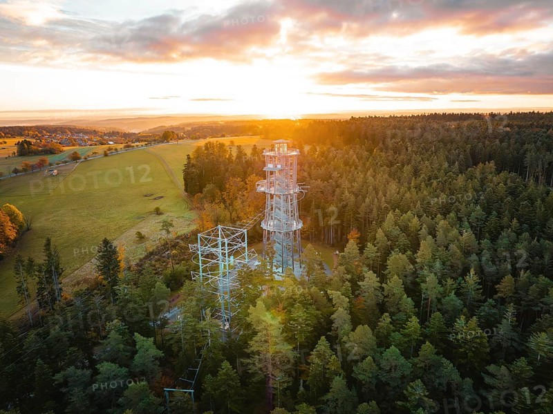 A tower towers over the thick forests at dusk, Himmelsglück observation tower with Flying Fox, Schömberg, Black Forest, Germany