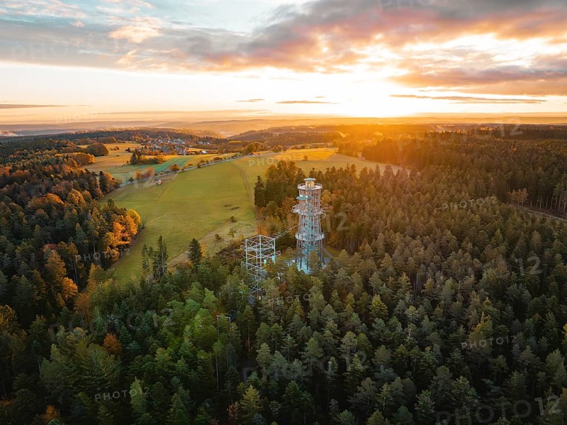 Observation tower in the middle of a forest with wide views of fields, Himmelsglück observation tower with Flying Fox, Schömberg, Black Forest, Germany