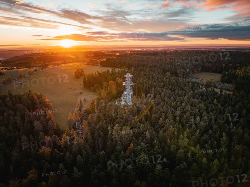 Extensive view of forest and landscape at sunset, Himmelsglück observation tower with Flying Fox, Schömberg, Black Forest, Germany
