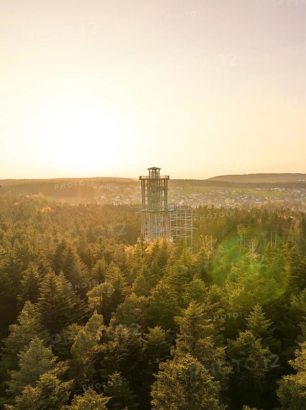 Wooded landscape with a panoramic tower in the distance at sunset, Himmelsglück observation tower with flying fox, Schömberg, Black Forest, Germany