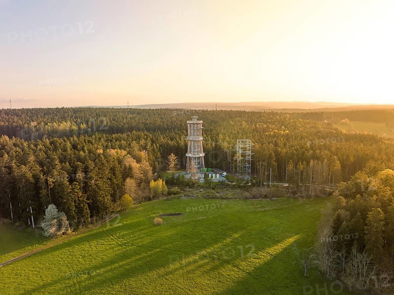 A tower stands in the middle of a forest next to a meadow, illuminated by warm sunlight, Himmelsglück observation tower with flying fox, Schömberg, Black Forest, Germany