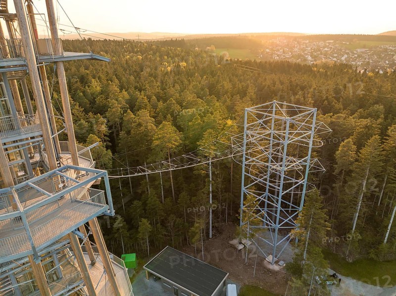 Detailed view of the tower with adjacent climbing course over the treetops, Himmelsglück observation tower with Flying Fox, Schömberg, Black Forest, Germany