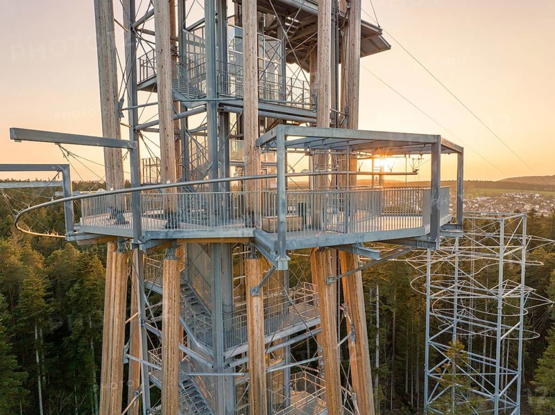 Close-up of observation tower platforms at sunset, Himmelsglück observation tower with Flying Fox, Schömberg, Black Forest, Germany