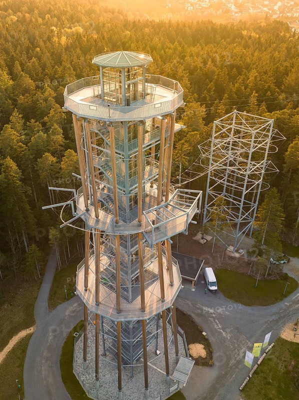 Bird's-eye view of the observation tower and surrounding nature in sunshine, Himmelsglück observation tower with Flying Fox, Schömberg, Black Forest, Germany