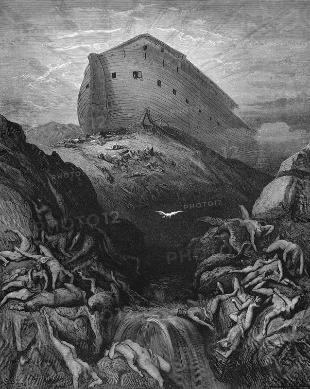 First book of Moses, chapter 8, verse 8, Noah's sending of the dove, That water flows off on earth, Bible, Old Testament, Genesis, story of creation, law books, ark, wooden boat, death, flowing water, deluge, rays of light in the sky, naked people, rocks, white bird, historical illustration after Gustave Doré around 1880