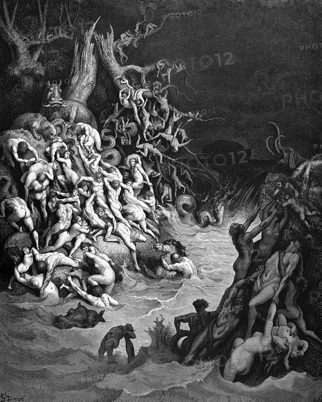 Genesis, chapter 7, verse 19, The flood, the earth is flooded, masses of water rise higher and cover the mountains, Bible, Old Testament, Genesis, story of creation, law books, flood, fear, despair, punishment, death, rescue, naked people, snakes, drowning, trees, historical illustration based on Gustave Doré around 1880