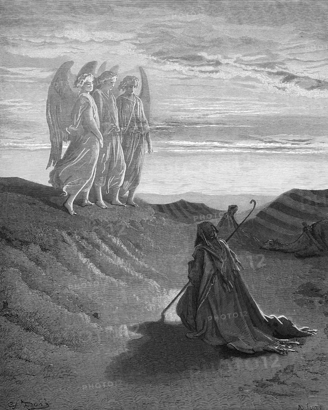 First book of Moses, chapter 18, verse 1, The three angels with Abraham, the Lord appeared to Abraham in the midday heat at the entrance of his tent, Bible, Old Testament, Genesis, story of creation, law books, desert, sand, tents, kneel down, shepherd's staff, robe, light, barefoot, apparition, historical illustration based on Gustave Doré around 1880