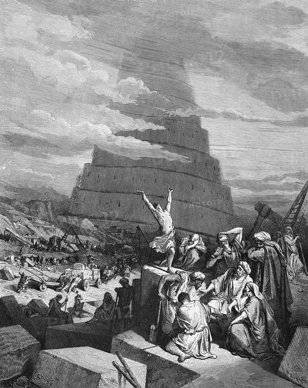 First book of Moses, chapter 11, verse 4, Tower of Babel, the tip should reach into heaven, Bible, Old Testament, Genesis, story of creation, law books, clouds in the sky, round tower, construction, crane, horse-drawn carriage, workers, stone blocks, historical illustration based on Gustave Doré around 1880