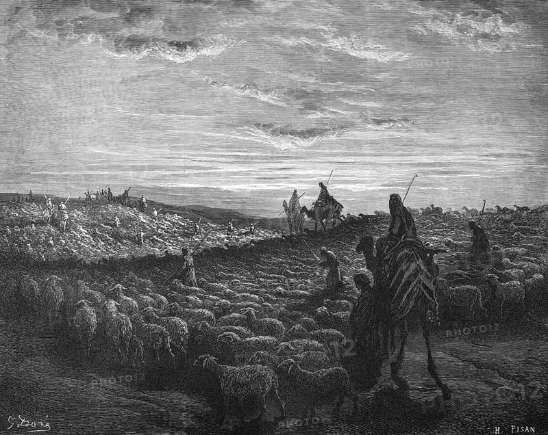 First book of Moses, chapter 12, verse 5, Abraham moves to Canaan, he takes his woman Sarai with him and his brother's son Lot and all belongings, Bible, Old Testament, Genesis, history of creation, law books, sheep, flocks, shepherds, people, camels, historical illustration based on Gustave Doré around 1880