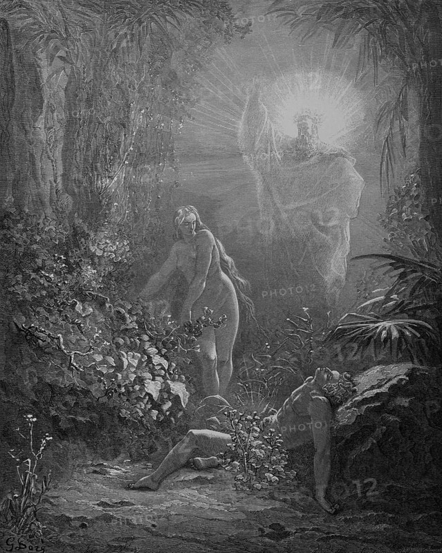 First book of Moses, chapter 2, verse 21, God, creation of Eve, Adam in deep sleep, ribs, flesh, Bible, Old Testament, Genesis, story of creation, law books, rays of light, first people, plants, raised hand, rocks, exhausted, historical illustration based on Gustave Doré around 1880