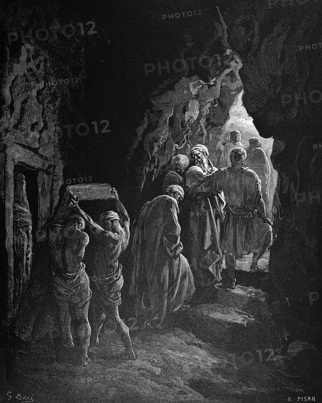 First book of Moses, chapter 23, verse 19, Sarah's burial, Abraham buries his woman Sarah in the cave near Hebron in the land of Canaan, Bible, Old Testament, Genesis, history of creation, law books, death, rock cave, Flesblock, darkness, group of men, steps, rock wall, stone grave, historical illustration after Gustave Doré around 1880