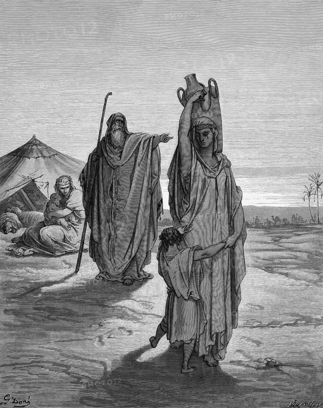 First book of Moses, chapter 21, verse 14, expulsion of Ishmael and his mother, she set off and wandered through the desert near Beersheba, Negev desert, Bible, Old Testament, Genesis, story of creation, law books, tent, children, woman, man, carry water jug on shoulders, drive away, severe, tears, pain, sadness, sheep, historical illustration based on Gustave Doré around 1880