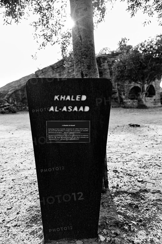 Memorial plaque, stele for Khaled Al-Asaad, Syrian archaeologist, Garden of the Righteous, Valley of the Temples, Agrigento, Sicily, Italy