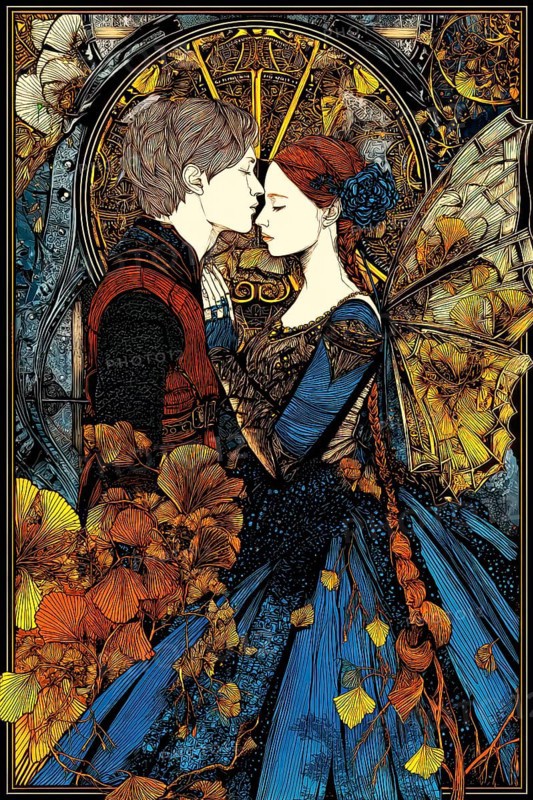 Tarot card The Lovers showing a couple in a romantic embracement symbolizing the concept of Love, AI generated