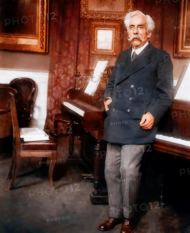 Gabriel Fauré, 1845 – 1924, French composer, next to his piano in his appartement, Boulevard Malesherbes, Paris, digitally edited according to a photograph by Pierre Choumoff