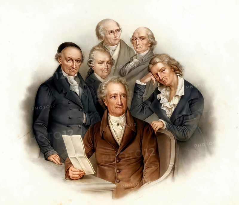 Portraits of six German poets: Johann Wolfgang von Goethe, Friedrich Schiller, Christoph Martin Wieland, Friedrich Gottlieb Klopstock, Gotthold Ephraim Lessing and Johann Gottfried Herder, digitally edited