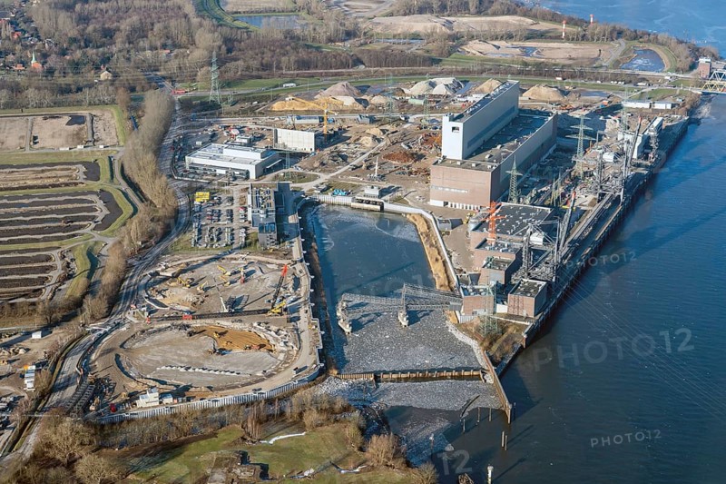 Germany, Hamburg, Moorburg, Süderelbe, power plant, new building, construction site, planning, electricity, production, economy, technology, building, land, industrial site, industrial site, energy, energy supplier, power generator, site, factory site, aerial view, hydrogen, green, electrician, demolition