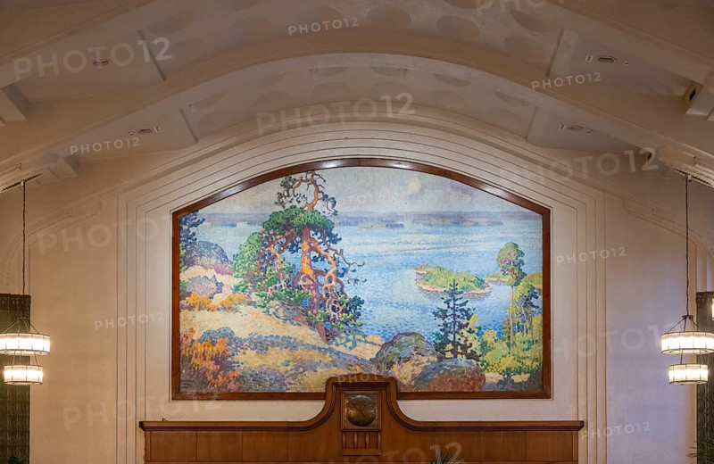 Monumental national romantic mural landscape in Koli, North Karelia, by Eero Järnefelt's, Taulu station restaurant, Helsinki, Finland