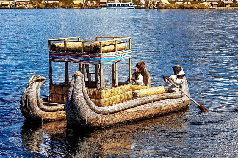 People on a large reed boat on a lake, dressed traditionally, The floating reed islands of the Uros in Lake Titicaca in Peru