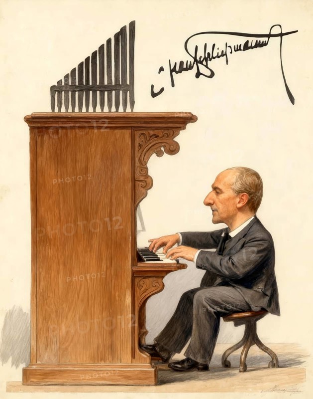 Anton Bruckner playing organ, Silhouette print by Hans Schließmann, digitally edited