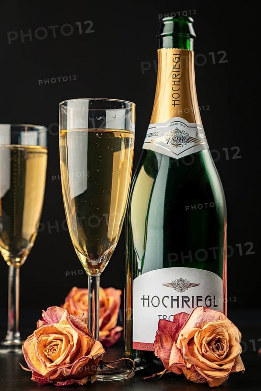 Champagne bottle and glasses decorated with dry roses on dark background
