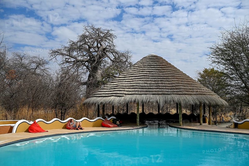 Planet Baobab swimming pool, lodge near the village of Gweta, Makgadikgadi Pans National Park, Central District, Botswana