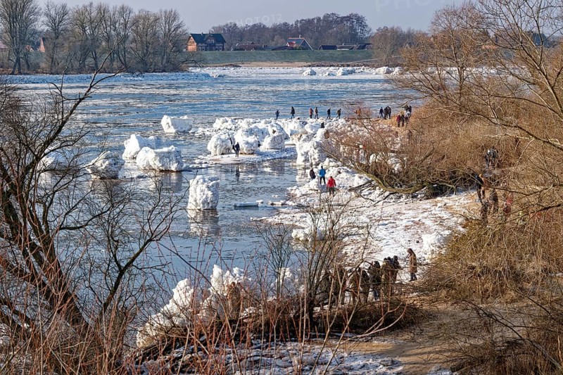 Many visitors look at the icebergs on the water of the Elbe and on the banks of the Elbe Island near Geesthacht on a cold winter day. Geesthacht, Schleswig-Holstein, Germany