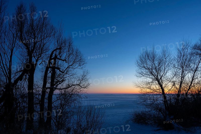 Winter on Dümmer at blue hour on frozen lake, Eickhöpen, Lembruch, Lower Saxony, Germany