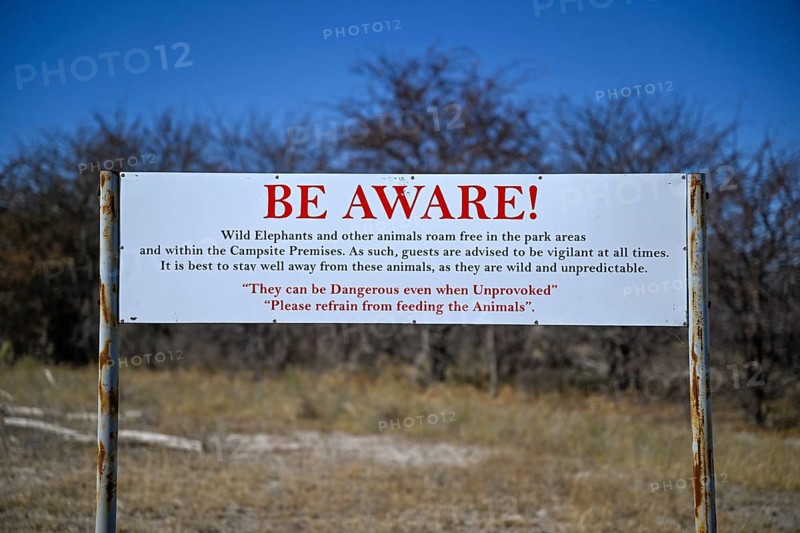 Warning sign for wild animals in South Camp, Campground, Nxai-Pan National Park, near Gweta, Central District, Botswana