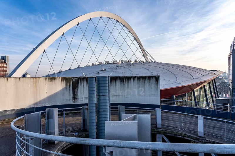 Roof with arched support structure of the Lanxess Arena, Cologne Arena, multifunctional hall, concert hall in Cologne-Deutz, with up to 20, 000 seats, it is the largest event hall in Germany, North Rhine-Westphalia, Germany
