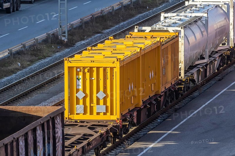 The port of Mannheim is one of the most important inland ports in Europe. The harbor basins stretch across the Rhine and Neckar. Containers on a freight train in the container terminal in Mühlauhafen. Mannheim, Baden-Württemberg, Germany