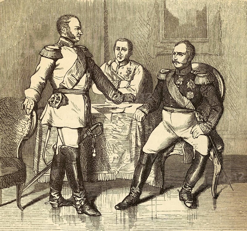 Meeting in Warsaw, Count Brandenburg, Prince Schwarzenberg, Emperor Nicholas (from left to right) History, Prussia, Germany, historical illustration 1882