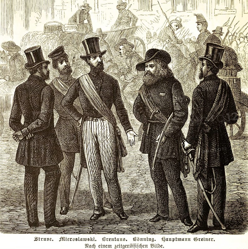 Struve, Mieroslowski, Brentano, Bönning, Captain Greiner, (from left to right) revolutionary years 1848-1849, uprising in Baden, Polish officer Ludwik Mieroslawski as leader of the Baden troops, revolutionary government 1849 with Lorenz Brentano as chairman, proclamation of the German Republic, city scene, carriages, history, Prussia, Germany, historical illustration 1882